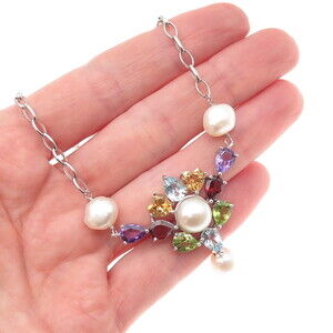 925 Sterling Silver Vintage Real Pearl & Multi-Color Gem Chain Necklace 18-20"